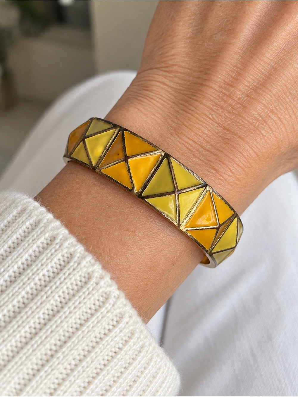 Gold Tone Enamel Hinged Bangle Geometric Triangle Mustard Yellow